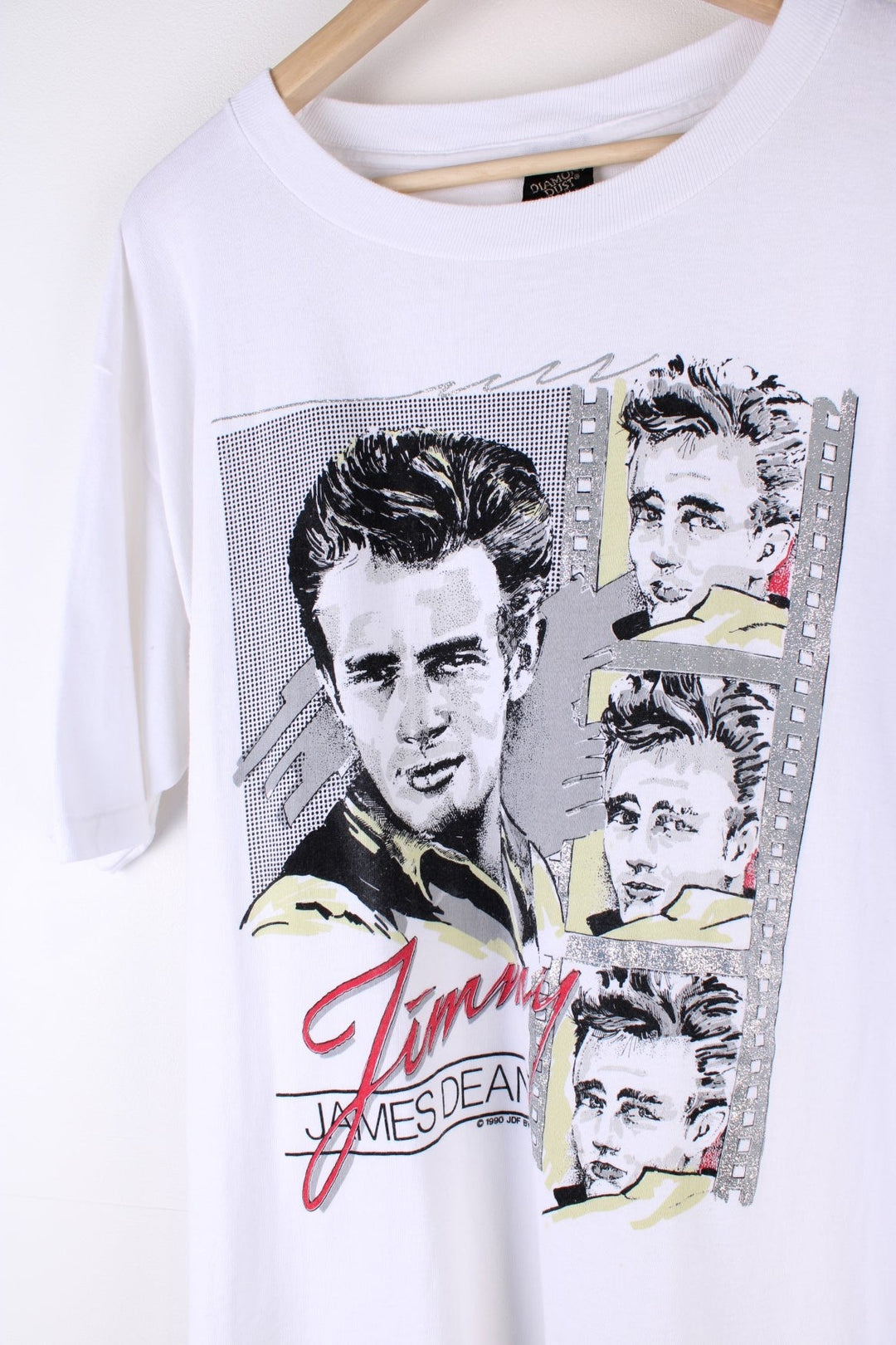 Vintage 90's James Dean Single Stitch T-Shirt in a white colourway with a graphic of him and spell out printed on the front with diamond dust feature.