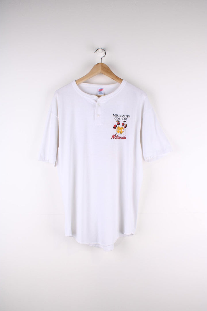 Vintage Mississipi College Naturals Band Single Stitch T-Shirt in a white colourway, has a button up collar, the logo printed on front and on the back a trumpet graphic on the back.