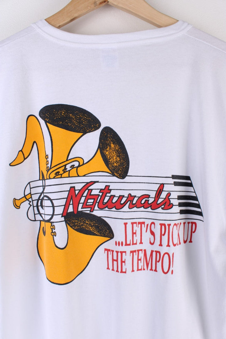 Vintage Mississipi College Naturals Band Single Stitch T-Shirt in a white colourway, has a button up collar, the logo printed on front and on the back a trumpet graphic on the back.