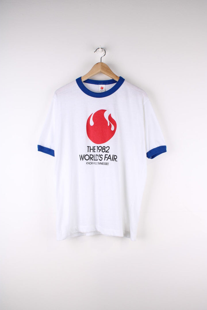 Vintage 1982 Knoxville World's Fair Ringer T-Shirt in a white colourway with the logo and spell out printed on the front.