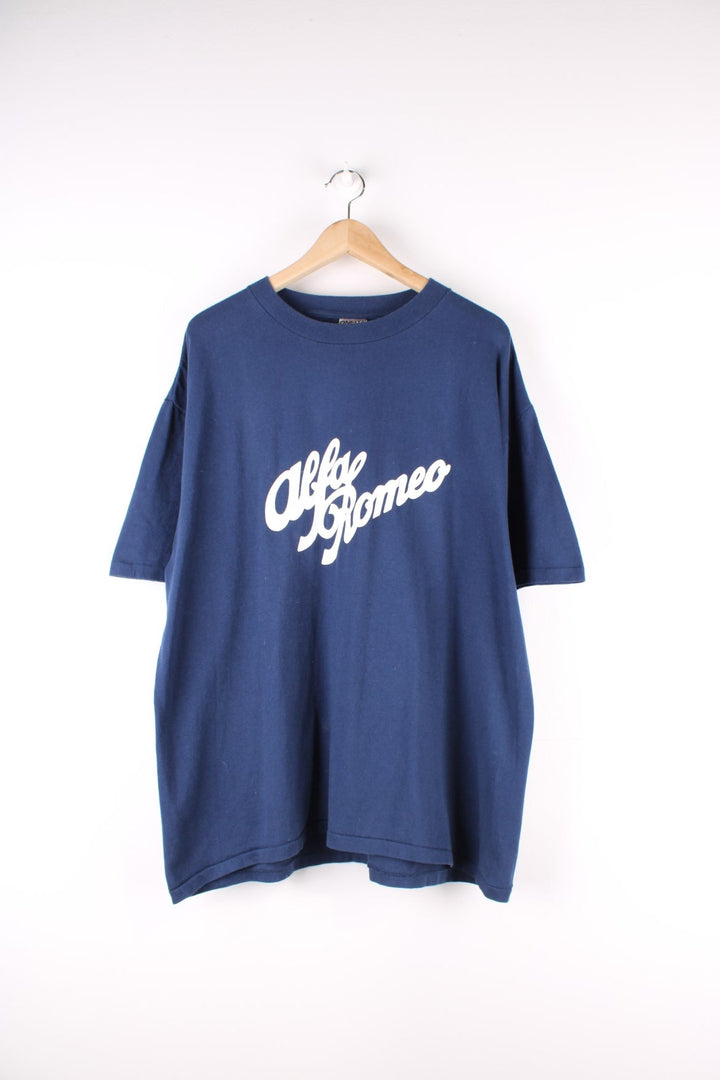 Vintage 90's Alfa Romeo Logo Single Stitch T-Shirt in a blue colourway with the spell out logo printed across the front.