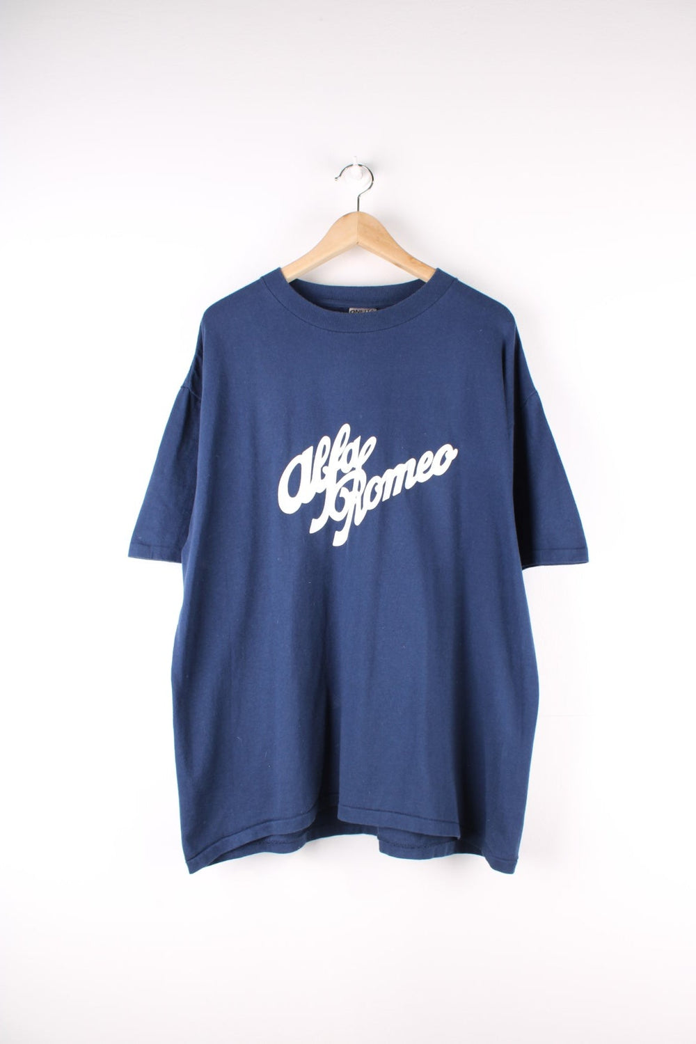 Vintage 90's Alfa Romeo Logo Single Stitch T-Shirt in a blue colourway with the spell out logo printed across the front.