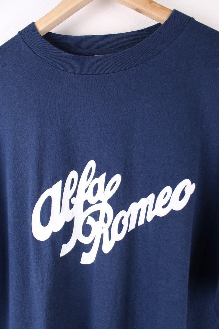 Vintage 90's Alfa Romeo Logo Single Stitch T-Shirt in a blue colourway with the spell out logo printed across the front.