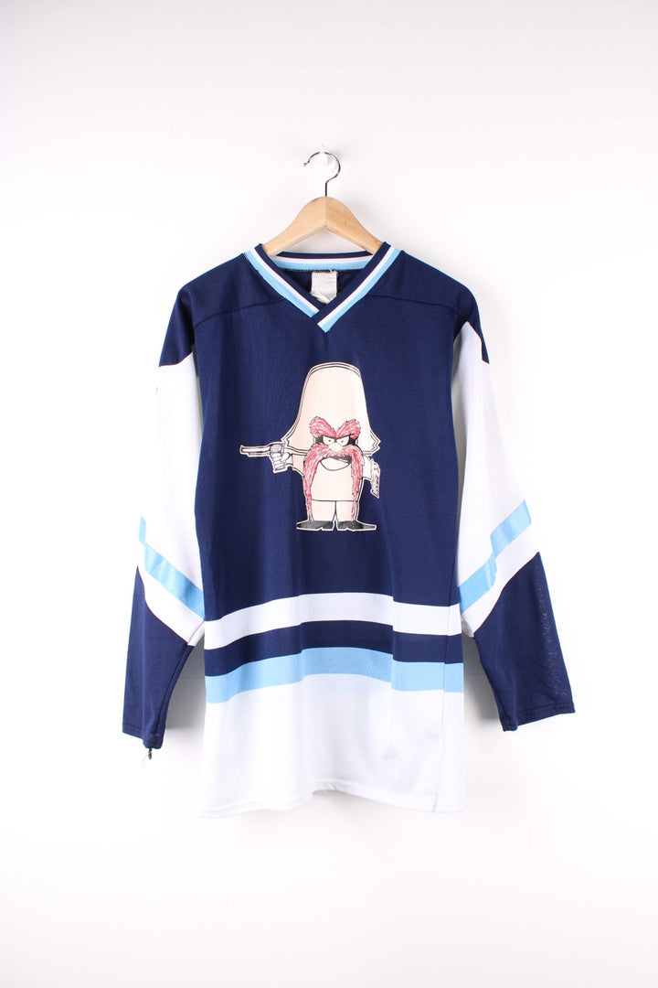 Vintage 90's Looney Tunes Bandit Hockey Jersey in a blue colourway with the bandit graphic printed on the front and on the back is Bandits number 4.