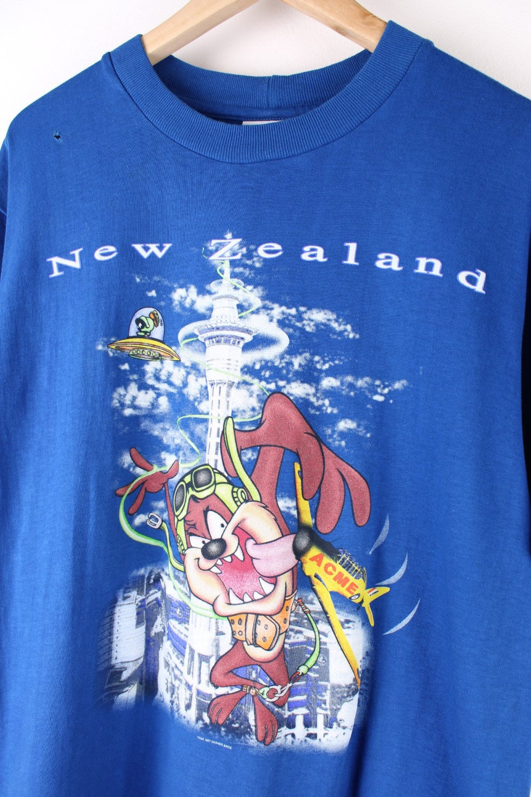 Vintage 90's Tazmanian Devil Looney Tunes New Zealand Single Stitch Graphic T-Shirt in a blue colourway graphic printed on the front.