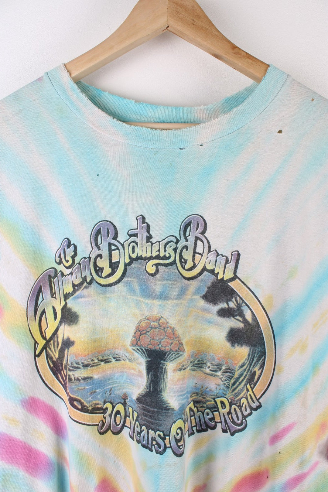 Vintage 90's The Allman Brothers Band 30 Years On The Road, Thrashed Vest in a multicoloured Tie Dye colourway a mushroom graphic printed on front and all the tour dates on the back.