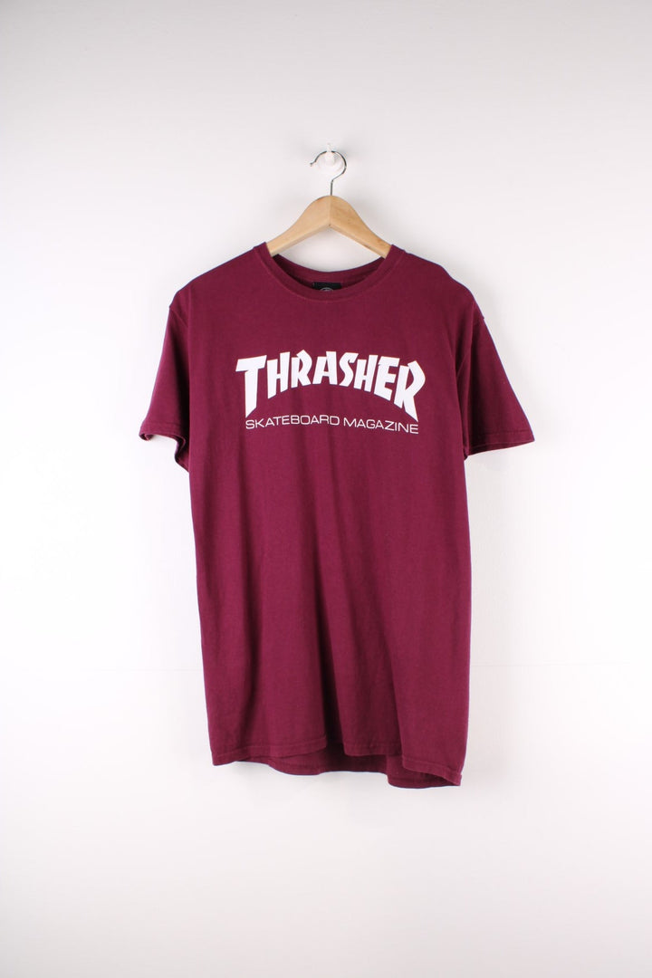 Thrasher Skateboarding T-Shirt in a maroon red colourway with the spell out logo printed across the front.