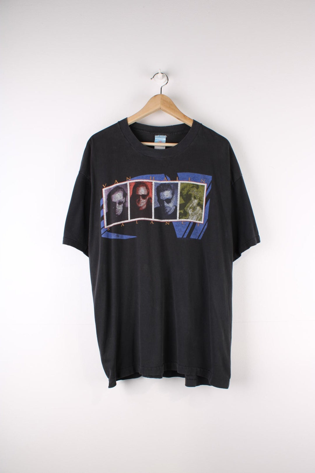 Vintage 1995/96 Van Halen Balance Tour T-Shirt in a black colourway with the bands spell out and graphic printed on the front, and on the back all the tour locations.