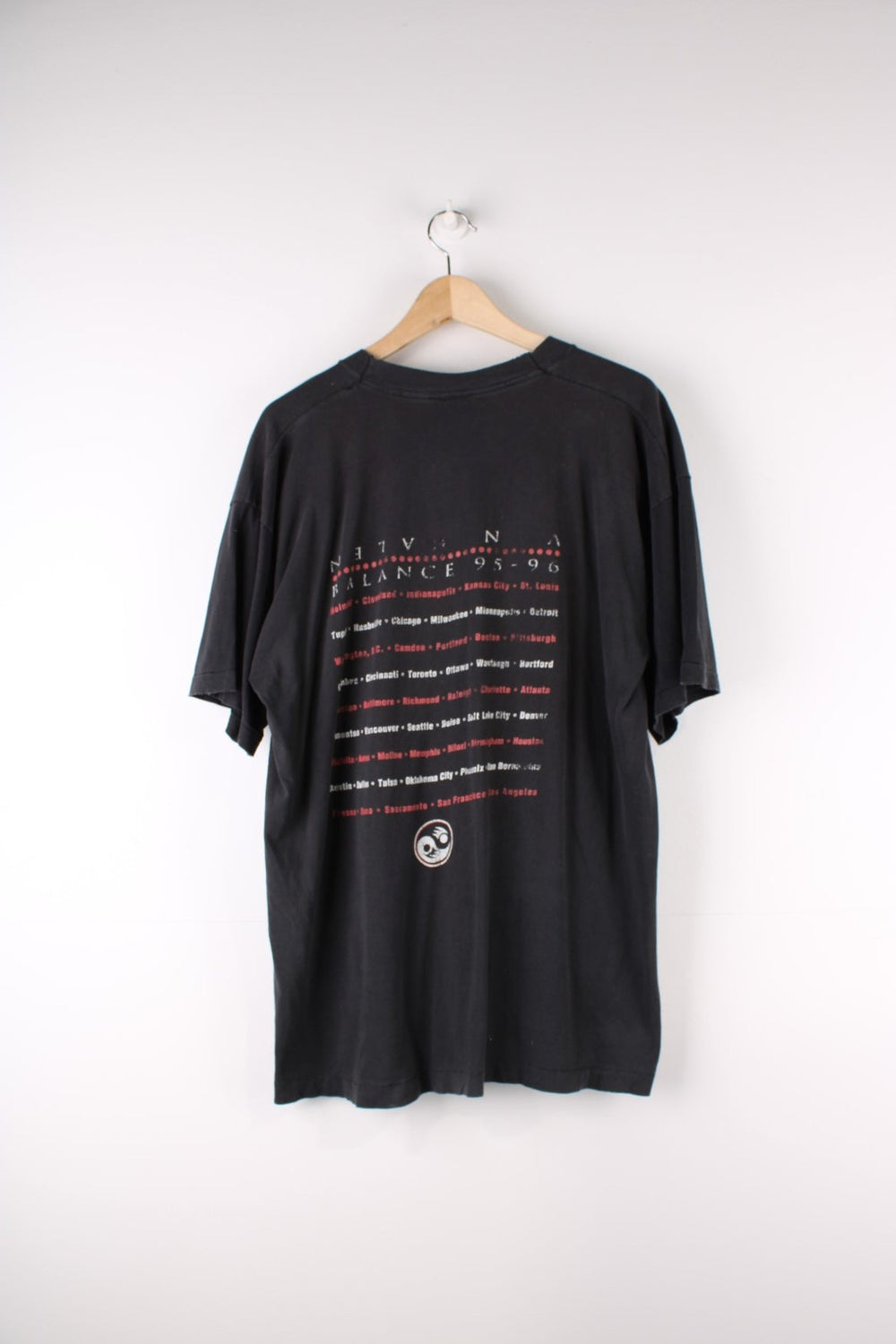 Vintage 1995/96 Van Halen Balance Tour T-Shirt in a black colourway with the bands spell out and graphic printed on the front, and on the back all the tour locations.