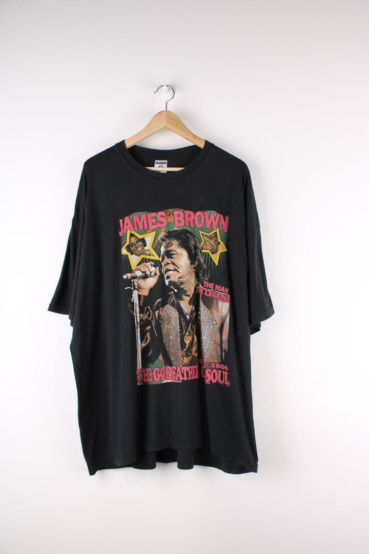 Vintage James Brown The Godfather Of Soul T-Shirt in a black colourway with graphic print of him and spell out on front and back.