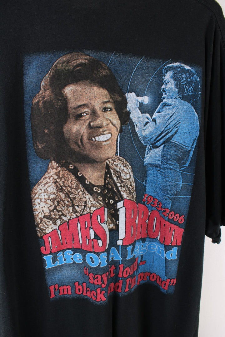 Vintage James Brown The Godfather Of Soul T-Shirt in a black colourway with graphic print of him and spell out on front and back.