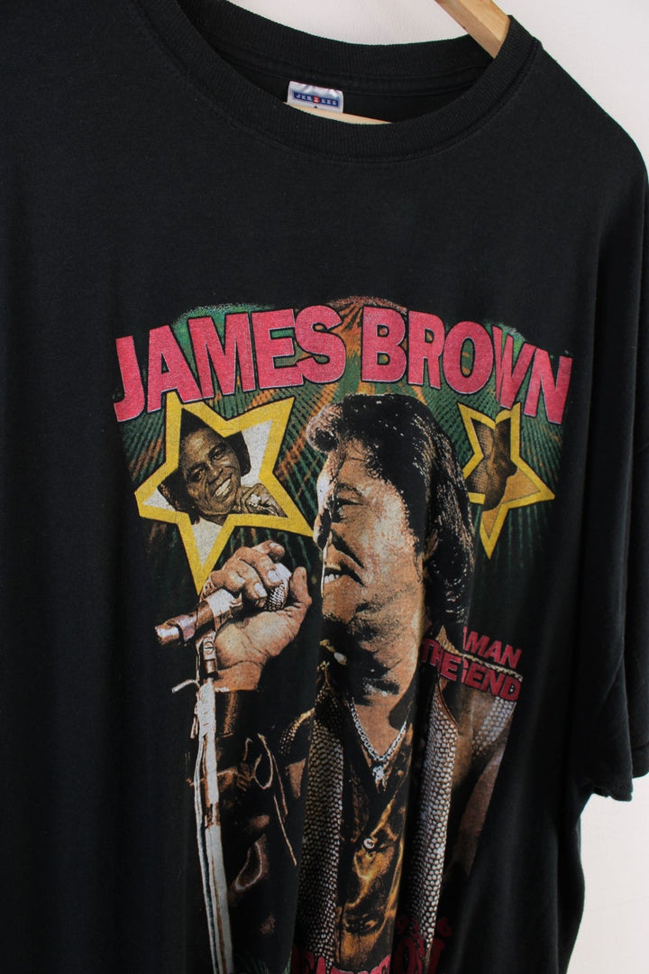 Vintage James Brown The Godfather Of Soul T-Shirt in a black colourway with graphic print of him and spell out on front and back.