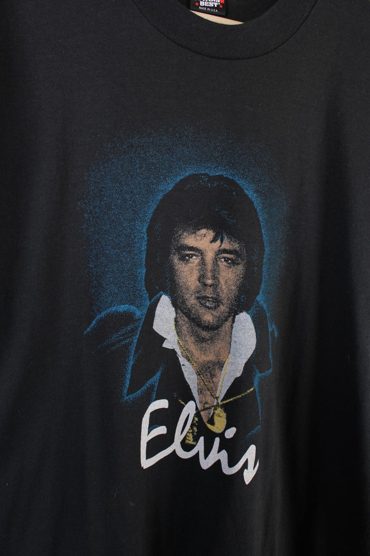 Vintage 70's Elvis Presley Single Stitch T-Shirt in a black colourway with Elvis graphic and spell out printed on the front.