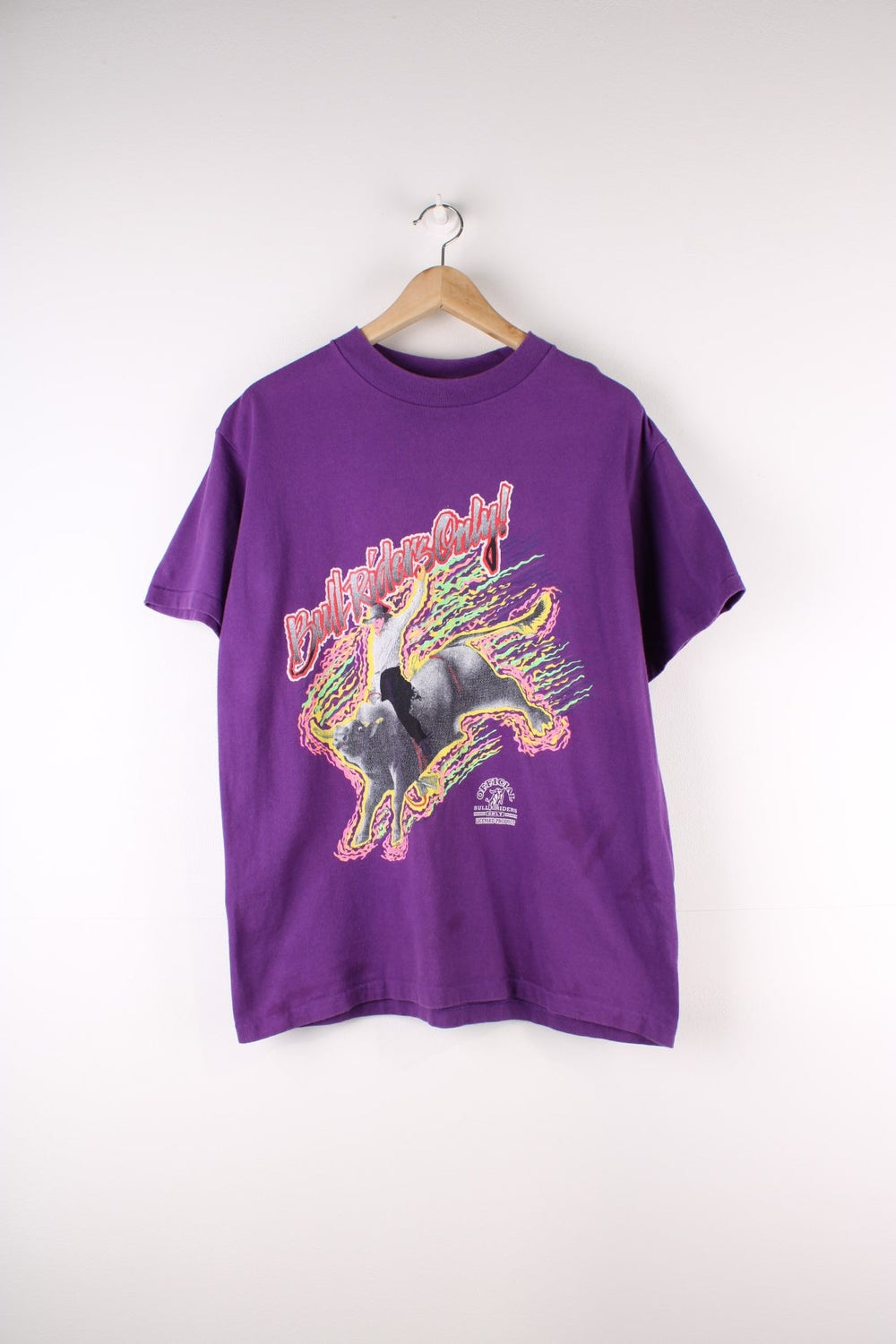 Vintage Bull Riders Only Graphic Single Stitch T-Shirt in a purple colourway with the Bull Riders Only spell out and graphic printed on the front.