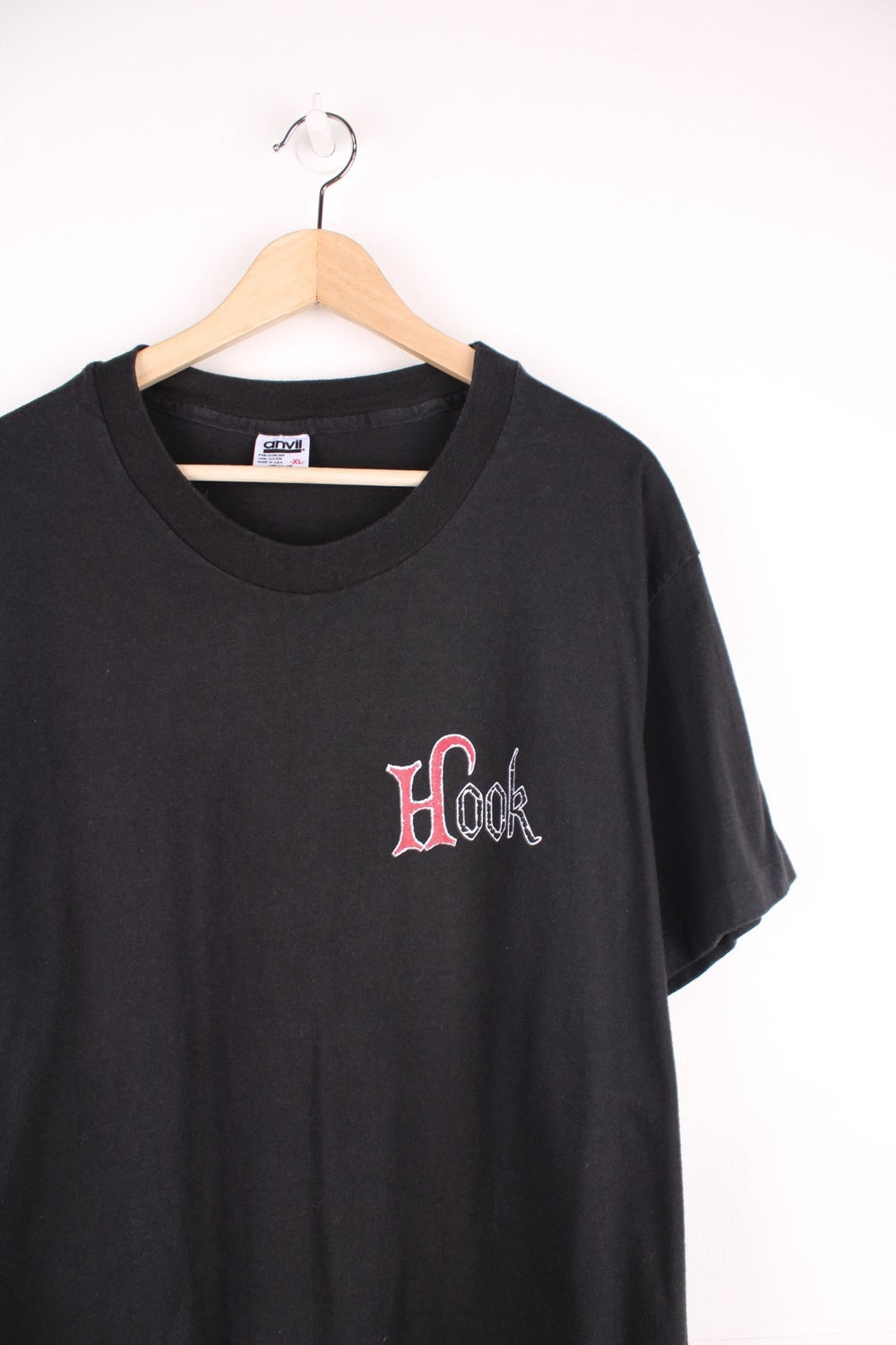 Vintage 1991 Hook, Peter Pan Movie Single Stitch T-Shirt in a black colourway with the name of the film printed on the front and on the back a big hook graphic design.