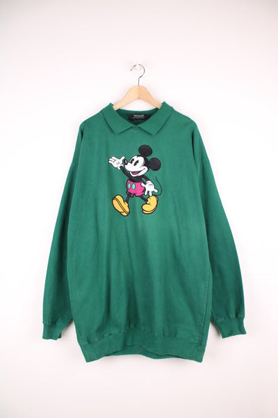 Vintage Disney Originals Mickey Mouse sweatshirt in a green colourway with Mickey embroidered on the front, also has a collar. 