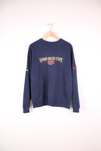 Hard Rock Cafe Canada Sweatshirt in a blue colourway with the spell out embroidered across the front and a Canadian maple leaf on the right sleeve.