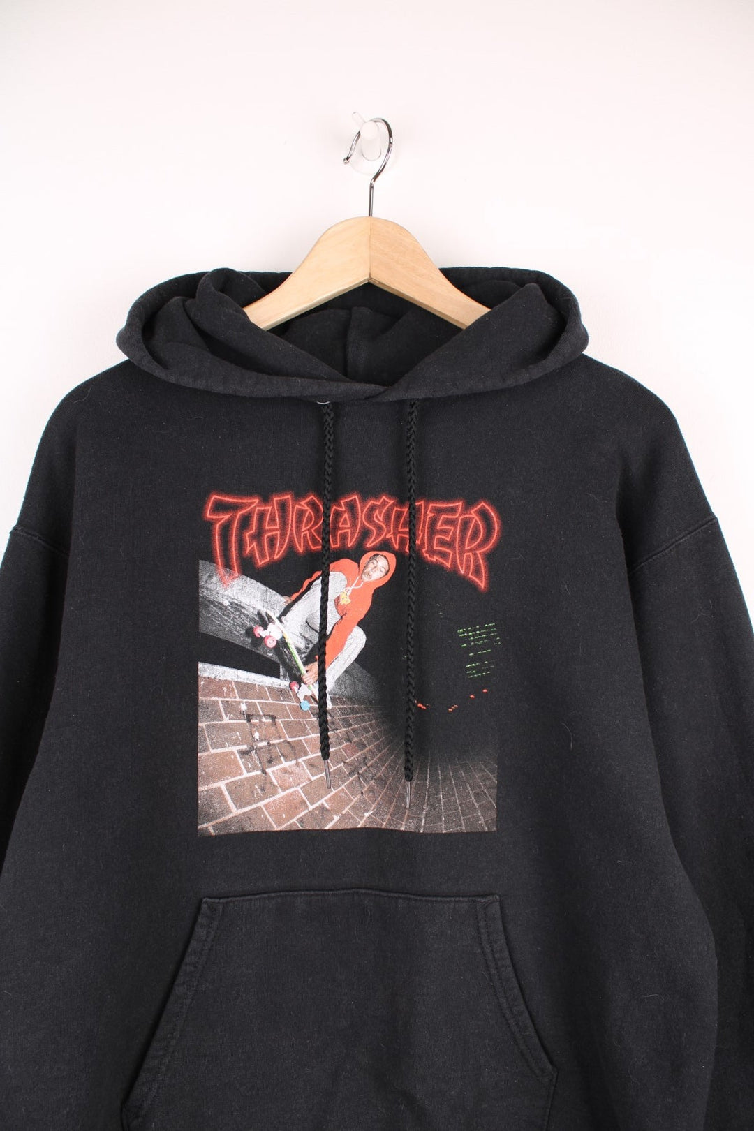 Thrasher China Banks Hoodie in a black colourway with the logo and skateboarder printed on the front. 