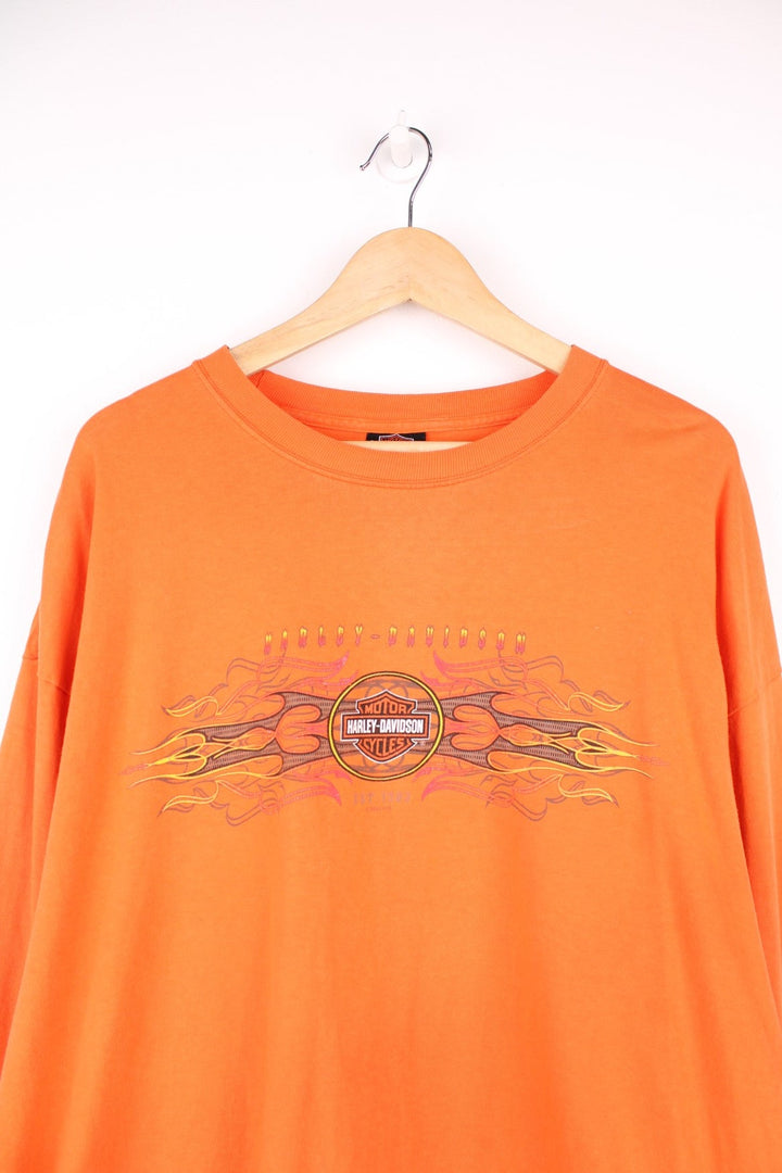 Harley-Davidson Jamestown orange long sleeve top with printed graphic on the front, back and sleeves