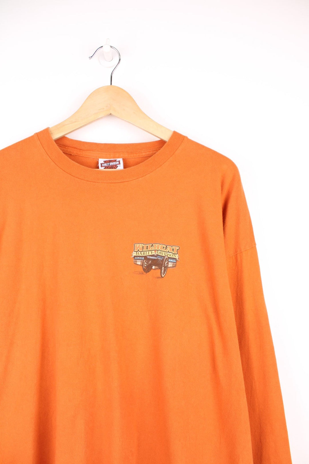 Harley-Davidson Wildcat orange long sleeve top, made in the USA. Features printed graphic on the front and back