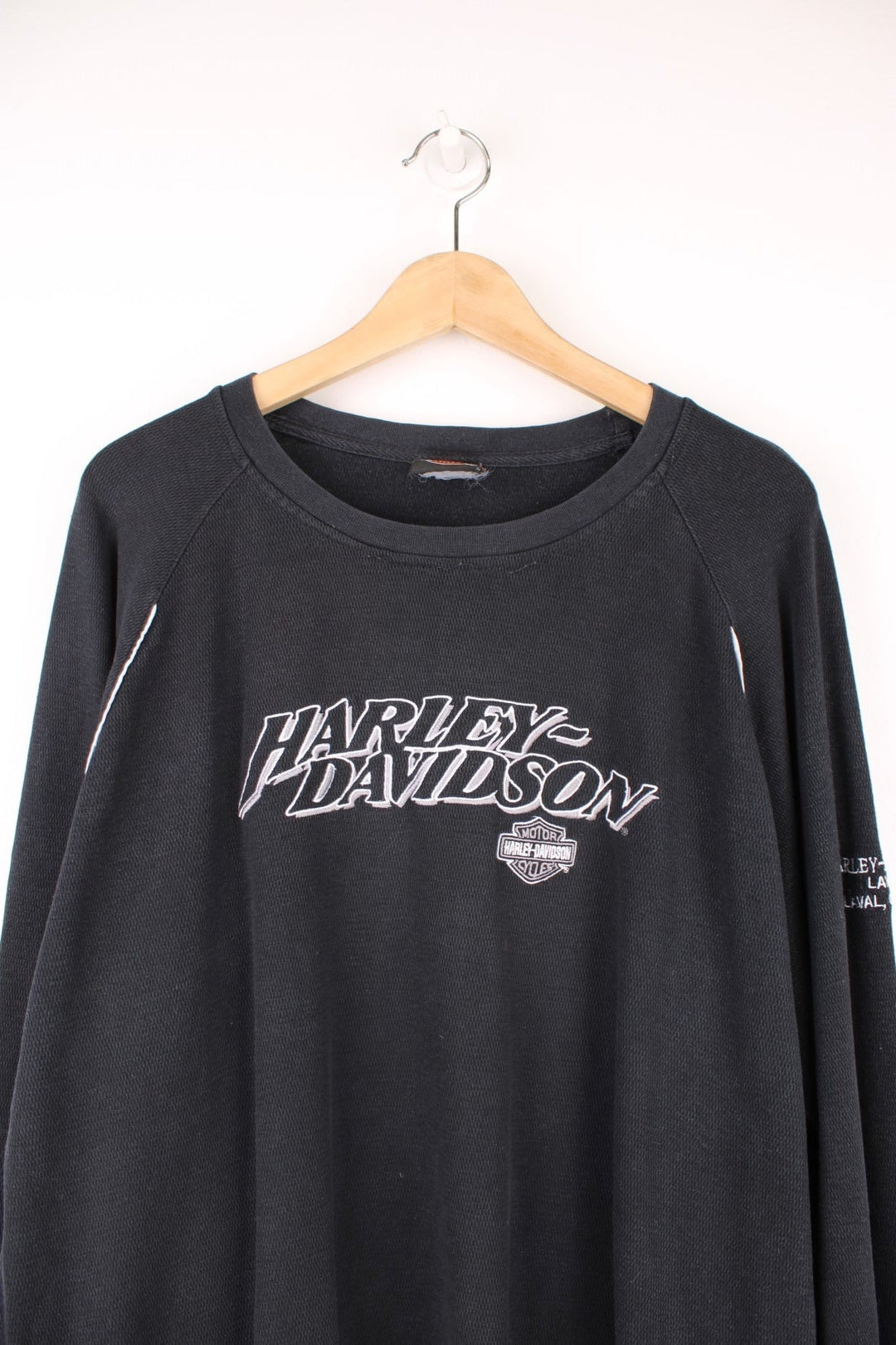 Harley-Davidson long sleeved top with embroidered spell out logo across the chest.