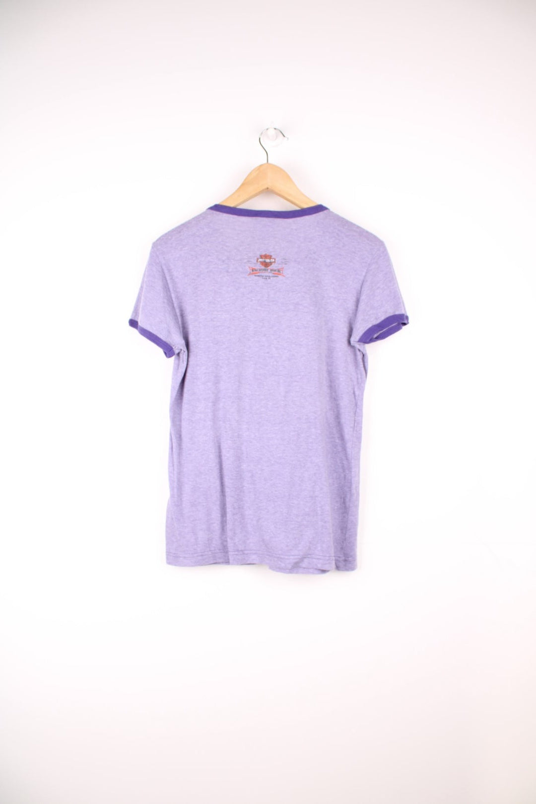 Women's Harley-Davidson ringer tee in a lilac colour way, features printed spell-out graphic on the front 