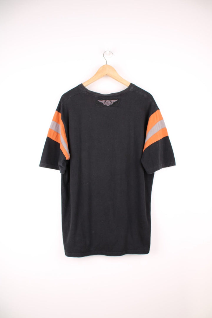 Harley-Davidson black and orange heavy weight polo style t-shirt with embroidered raised lettering 