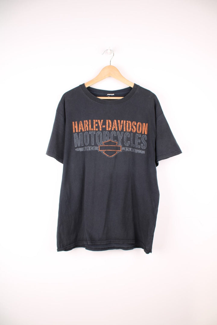 Harley-Davidson Qingdao, China all black t-shirt with spell-out graphic on the front and back 