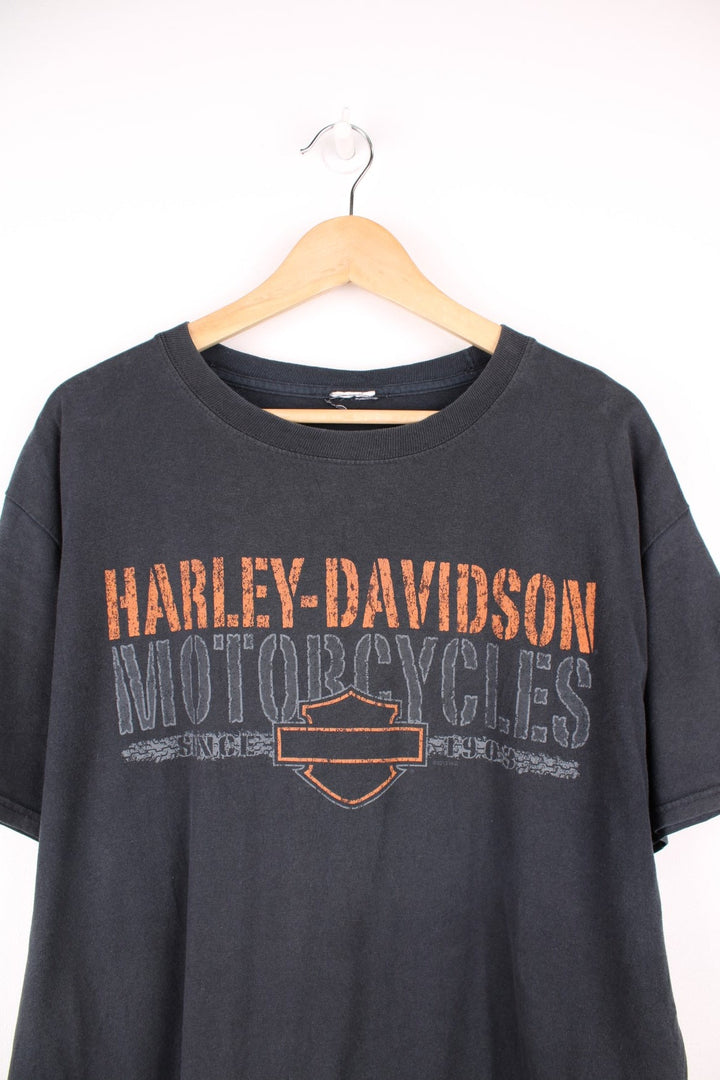 Harley-Davidson Qingdao, China all black t-shirt with spell-out graphic on the front and back 