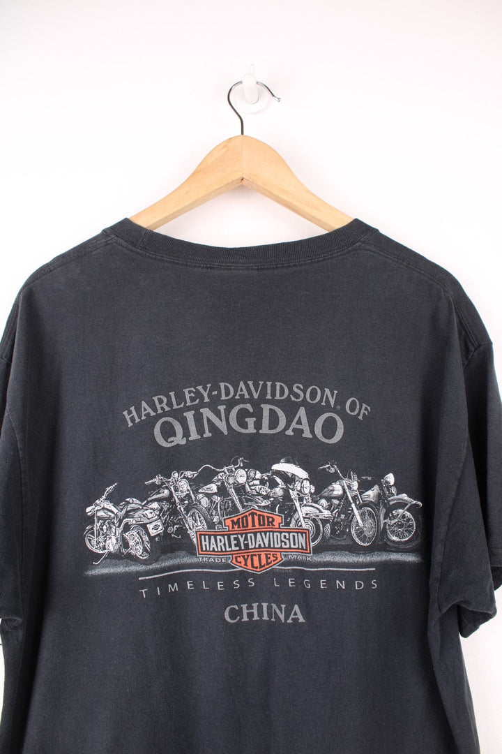 Harley-Davidson Qingdao, China all black t-shirt with spell-out graphic on the front and back 