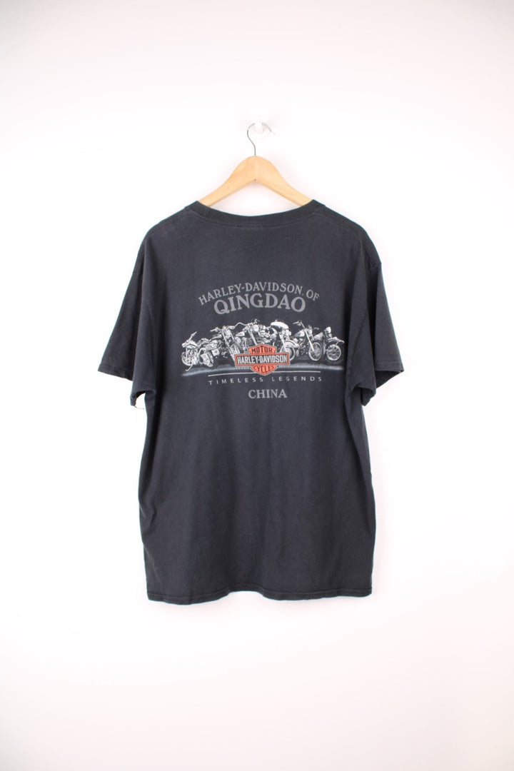 Harley-Davidson Qingdao, China all black t-shirt with spell-out graphic on the front and back 