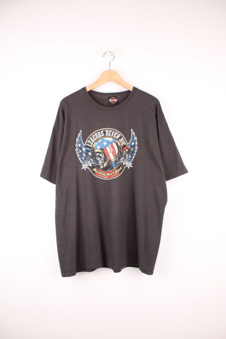 Harley-Davidson Legends Never Die T-Shirt in grey with graphic print on the front and back.