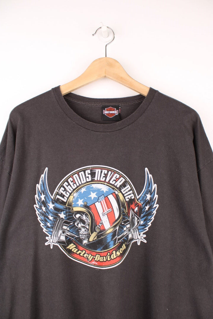 Harley-Davidson Legends Never Die T-Shirt in grey with graphic print on the front and back.