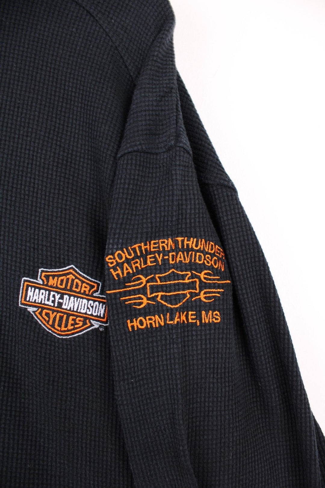 Harley-Davidson black waffled material long-sleeve top with embroidered 'Southern Thunder, Horn Lake MS' motif on the arm