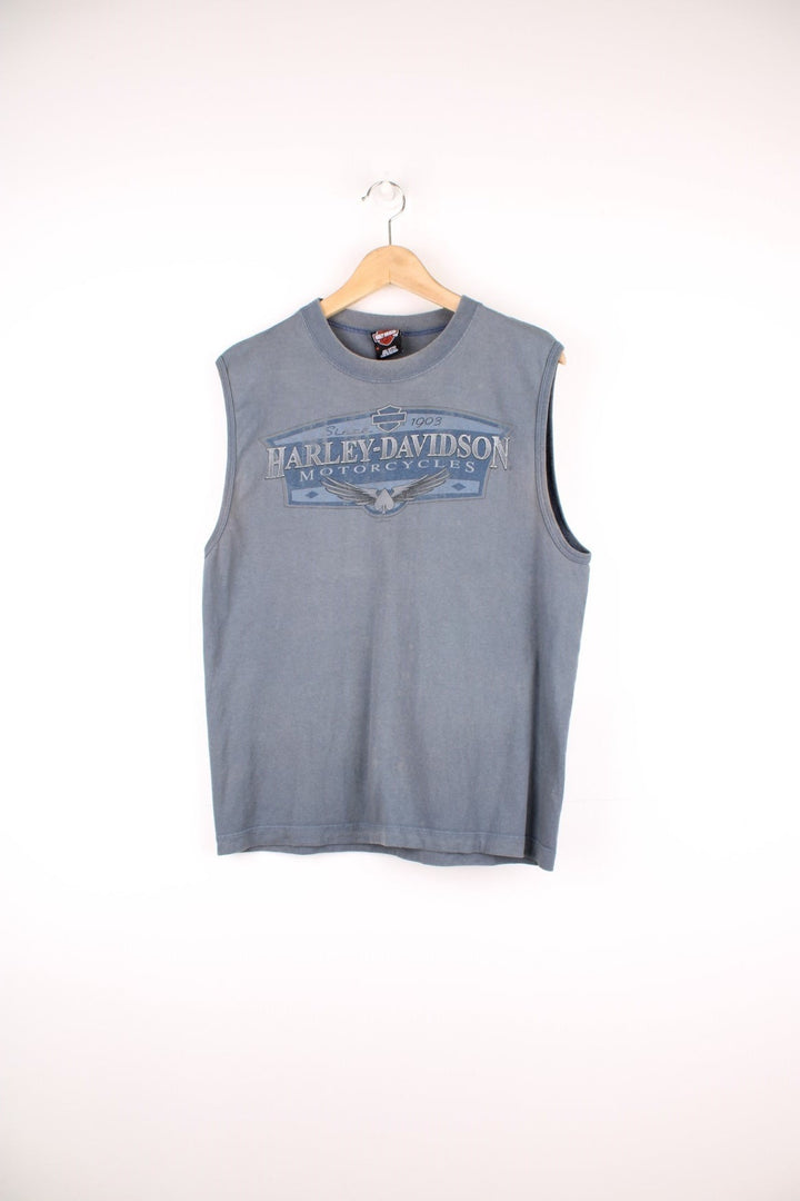 Vintage Harley-Davidson Smoky Mountain,Tennessee vest with spell out logo across the chest in a blue/grey colourway. 