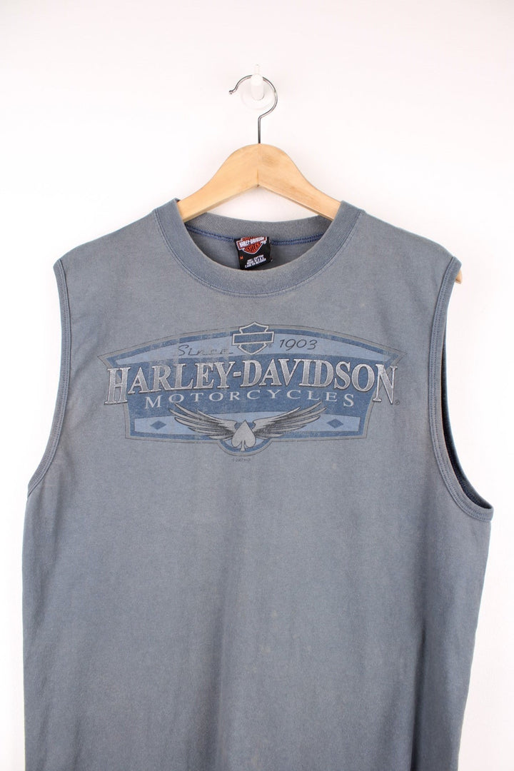 Vintage Harley-Davidson Smoky Mountain,Tennessee vest with spell out logo across the chest in a blue/grey colourway. 