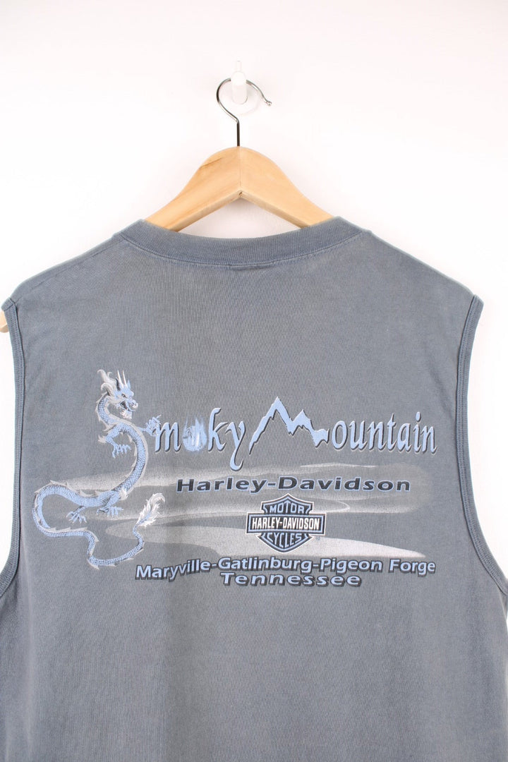 Vintage Harley-Davidson Smoky Mountain,Tennessee vest with spell out logo across the chest in a blue/grey colourway. 