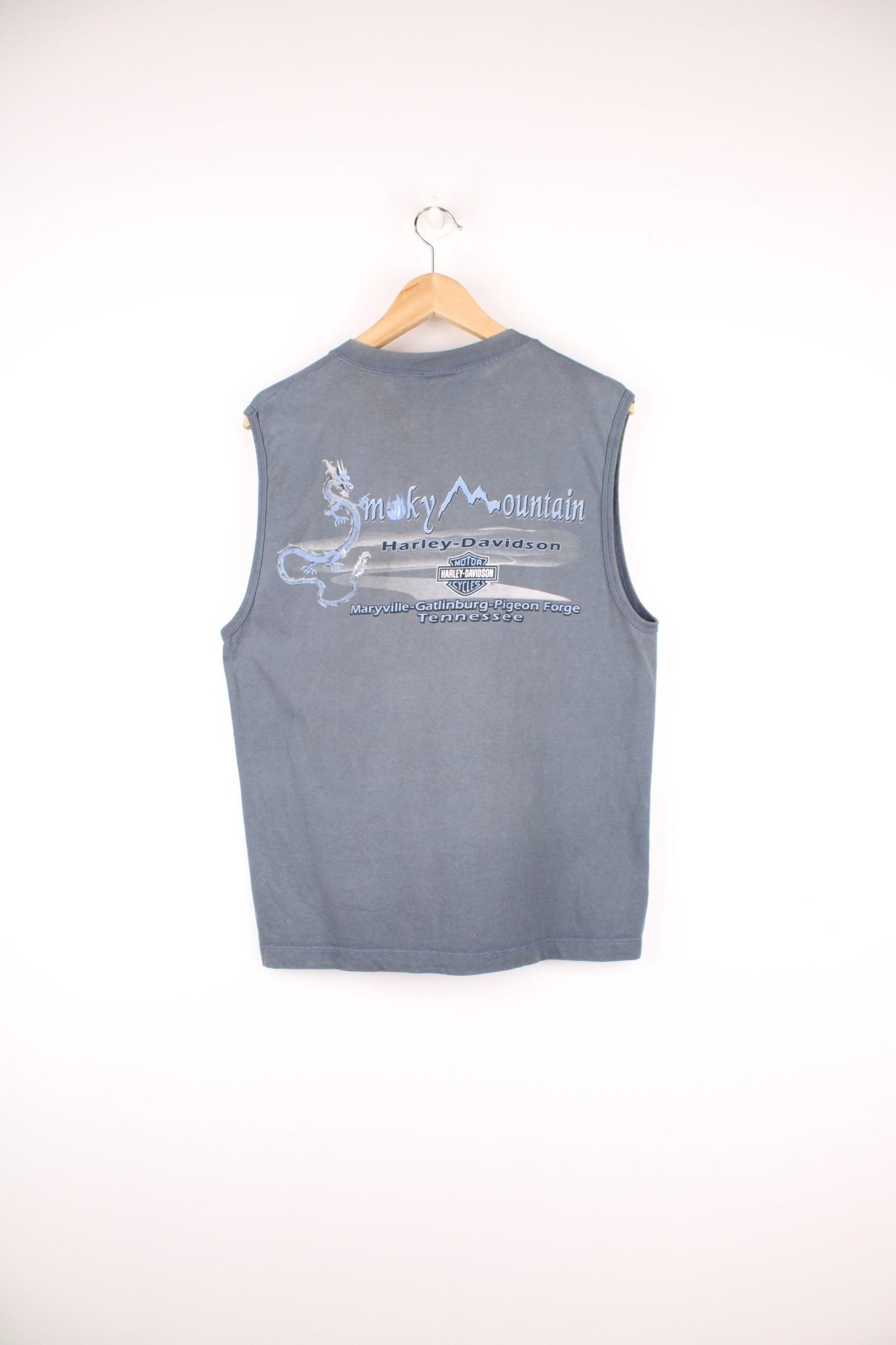 Vintage Harley-Davidson Smoky Mountain,Tennessee vest with spell out logo across the chest in a blue/grey colourway. 