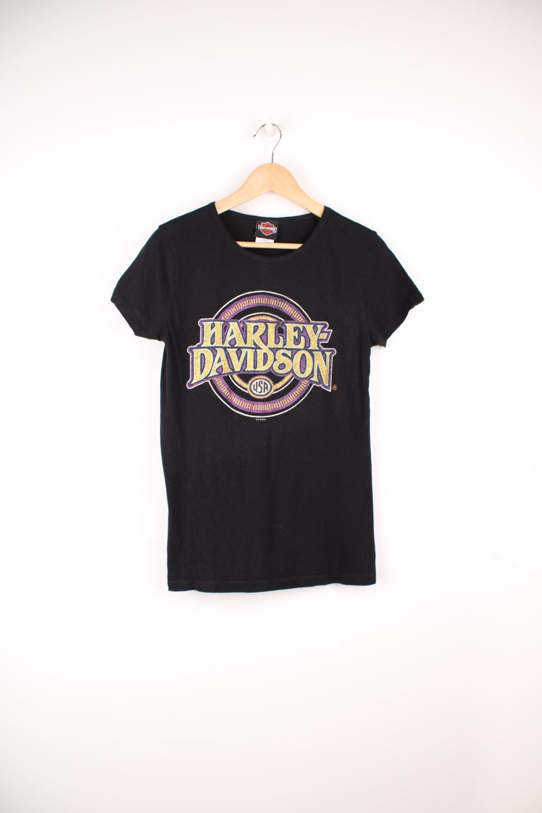 Harley-Davidson all black baby tee with glittery spell-out graphic on the front and spell-out detail below the back of the neck line