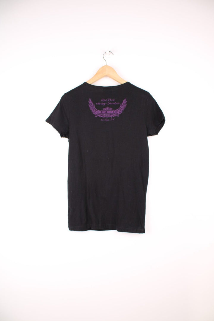 Harley-Davidson all black baby tee with glittery spell-out graphic on the front and spell-out detail below the back of the neck line