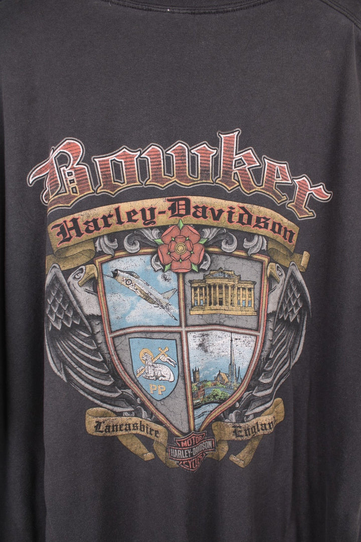 Vintage Harley-Davidson Bowker, Lancashire t-shirt, features spell-out doggy graphic on the front and coat of arms on the back