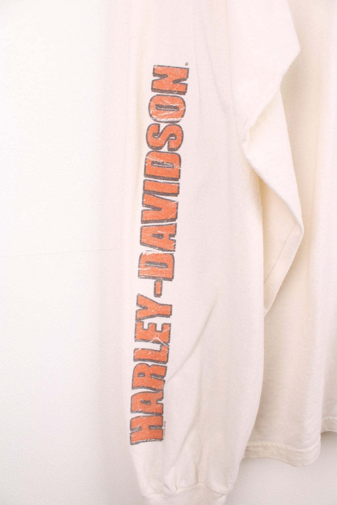 2013 Harley-Davidson Brandon, Florida long sleeved T-Shirt in an off white/light beige colourway. Features spell out logo and graphic print on the front and back, and logo on each sleeve.