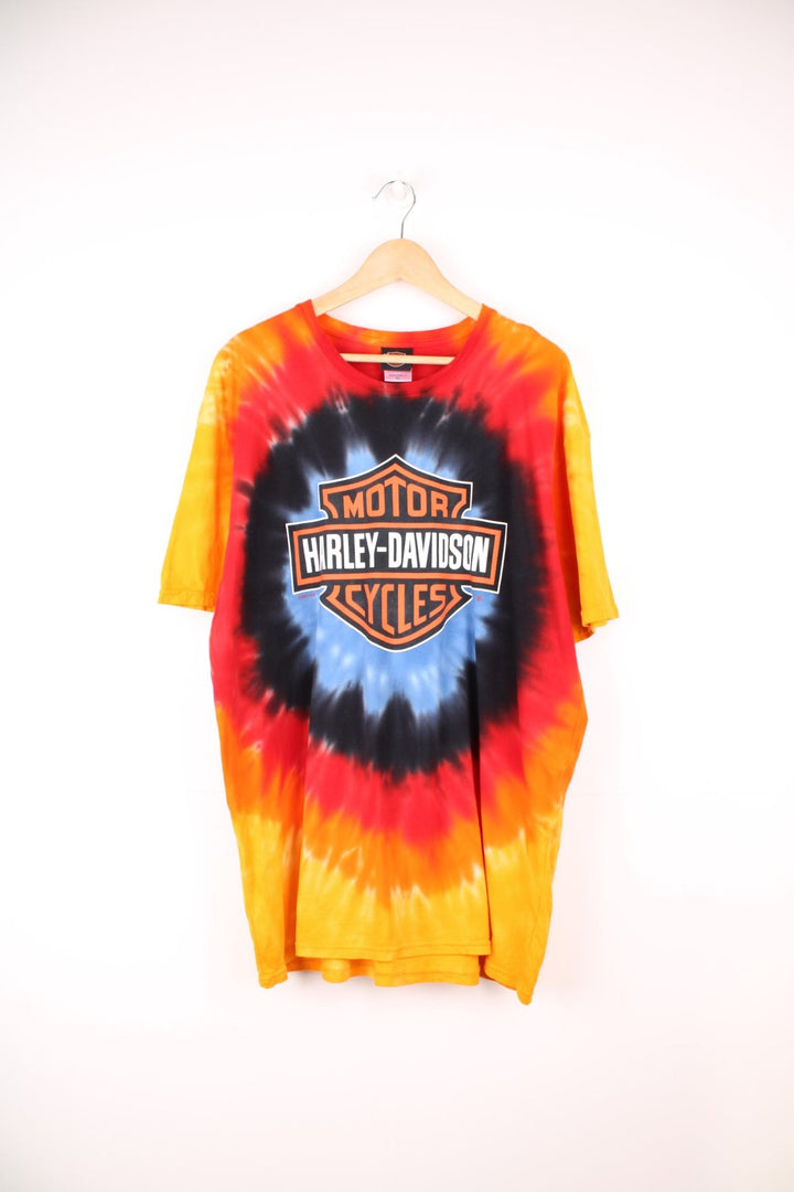 Harley-Davidson multicoloured tie dye t-shirt with spell-out graphic on the front and back