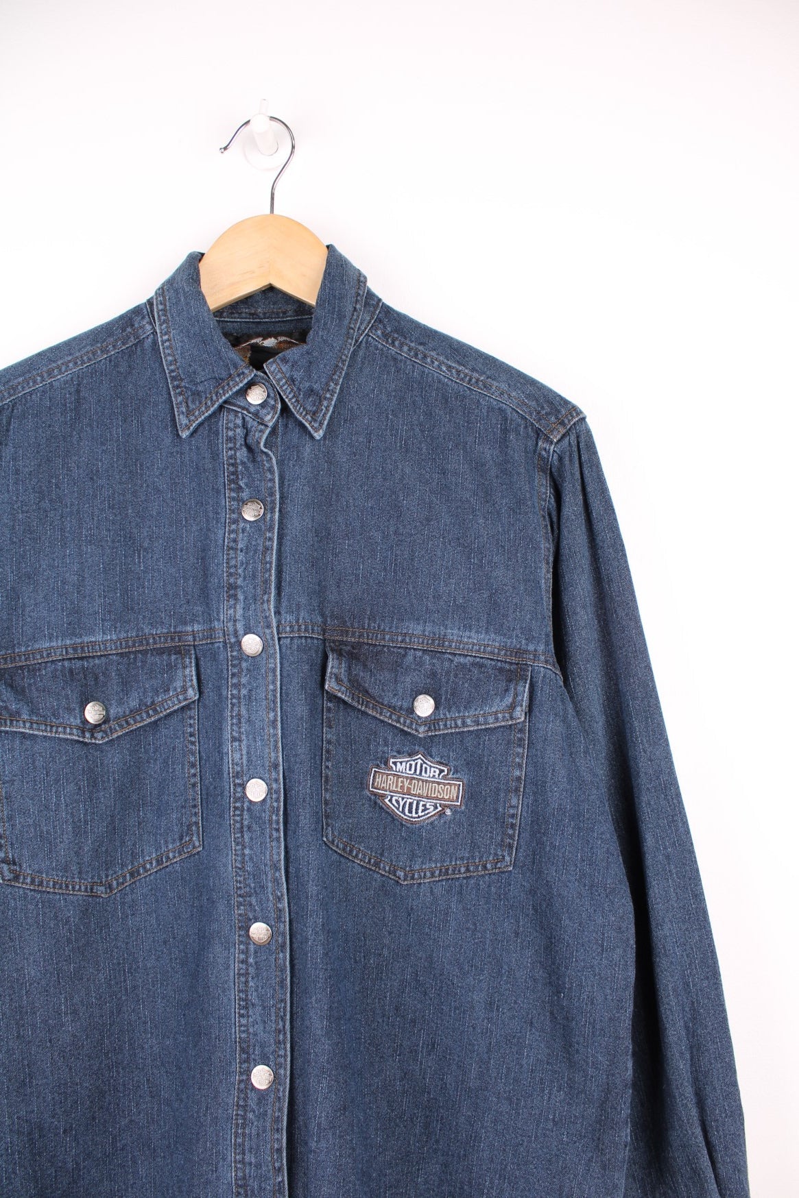 Harley-Davidson button up denim shirt  with embroidered badge on the chest pocket 