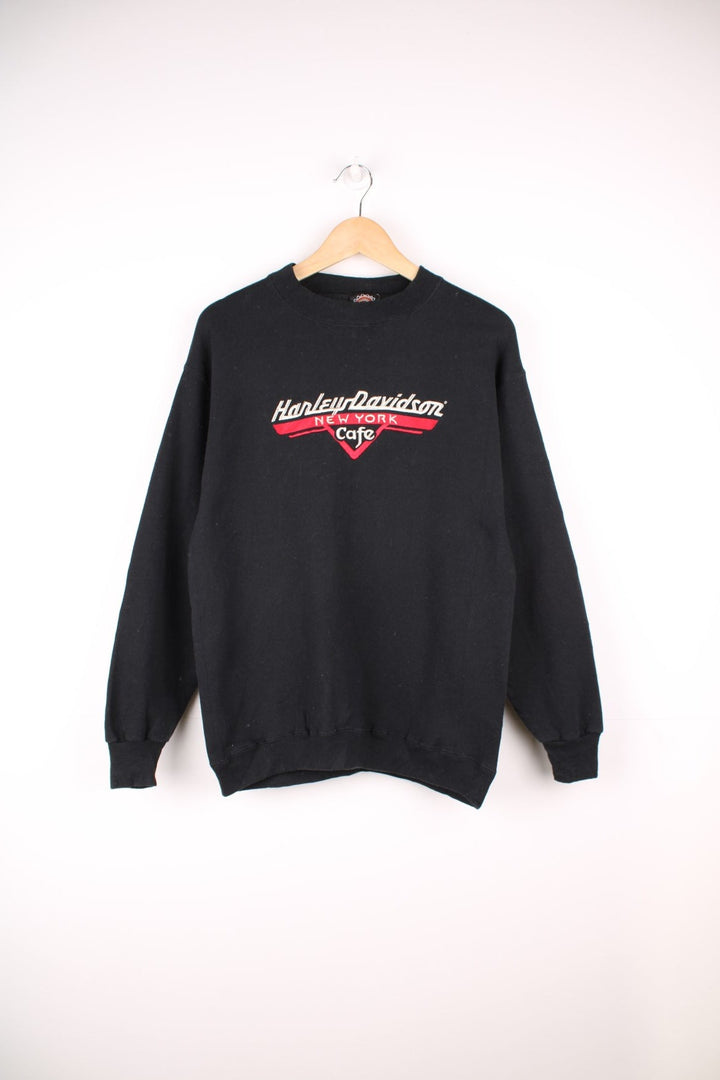 Harley-Davidson 'New York Cafe' made in USA all black crewneck sweatshirt. With embroidered spell-out details on the front