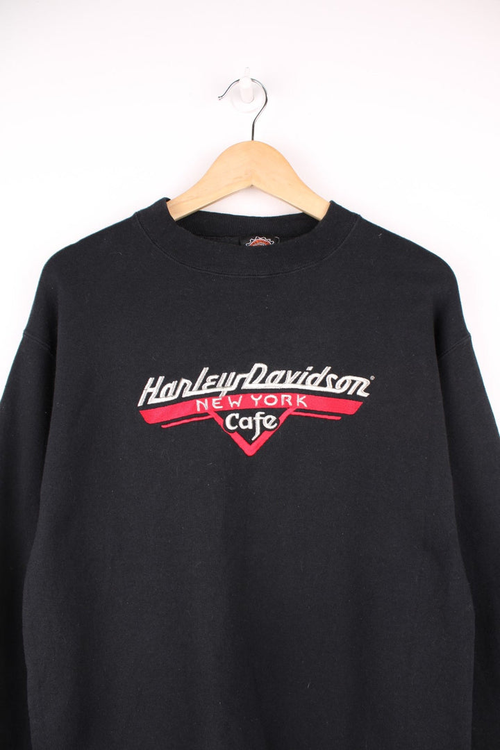 Harley-Davidson 'New York Cafe' made in USA all black crewneck sweatshirt. With embroidered spell-out details on the front