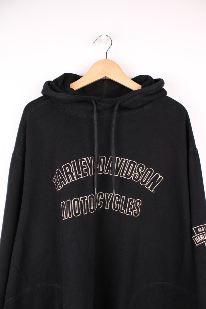 Harley-Davidson all black spell-out hoodie with embroidered text on the front and printed eagle motif on the back 