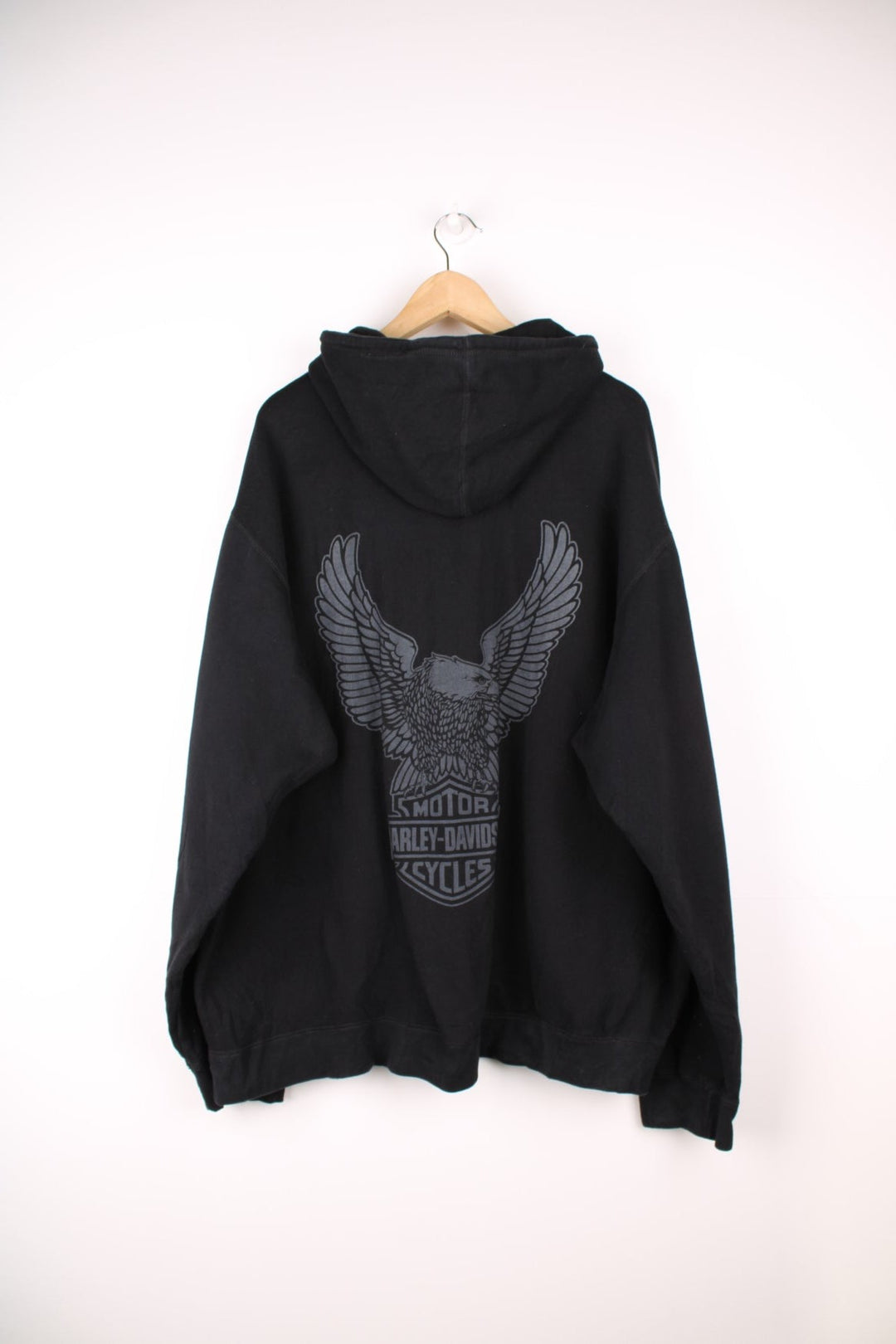 Harley-Davidson all black spell-out hoodie with embroidered text on the front and printed eagle motif on the back 