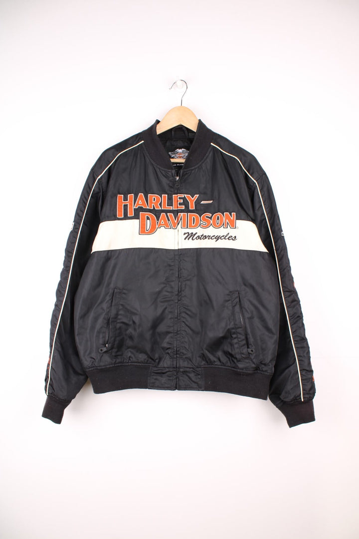 Harley-Davidson black and white zip through motorcycle bomber jacket, features all over embroidered spell-out details 