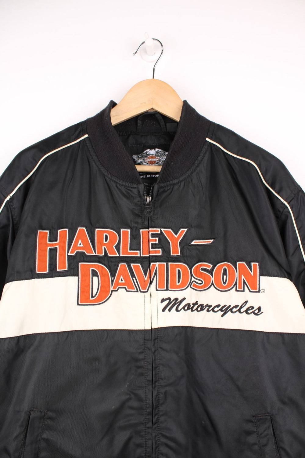 Harley-Davidson black and white zip through motorcycle bomber jacket, features all over embroidered spell-out details 